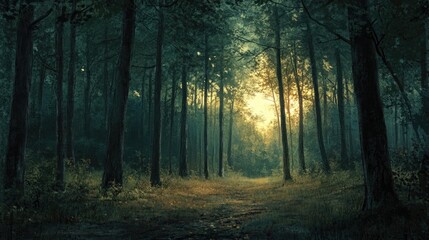 Fototapeta premium A quiet forest at dusk, with the last light of the day filtering through the trees and creating a peaceful and tranquil setting.