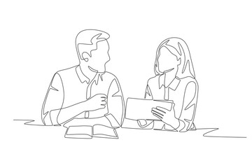 Businessman discussing with his client. Discussion with clients concept one-line drawing