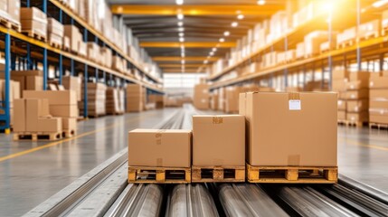 Boxes are in motion along a conveyor belt in a warehouse, highlighting the streamlined process of handling goods efficiently in a bustling logistics environment