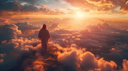 Obraz premium A serene figure stands on clouds, gazing at a breathtaking sunrise over a vast horizon at dawn. Generative AI
