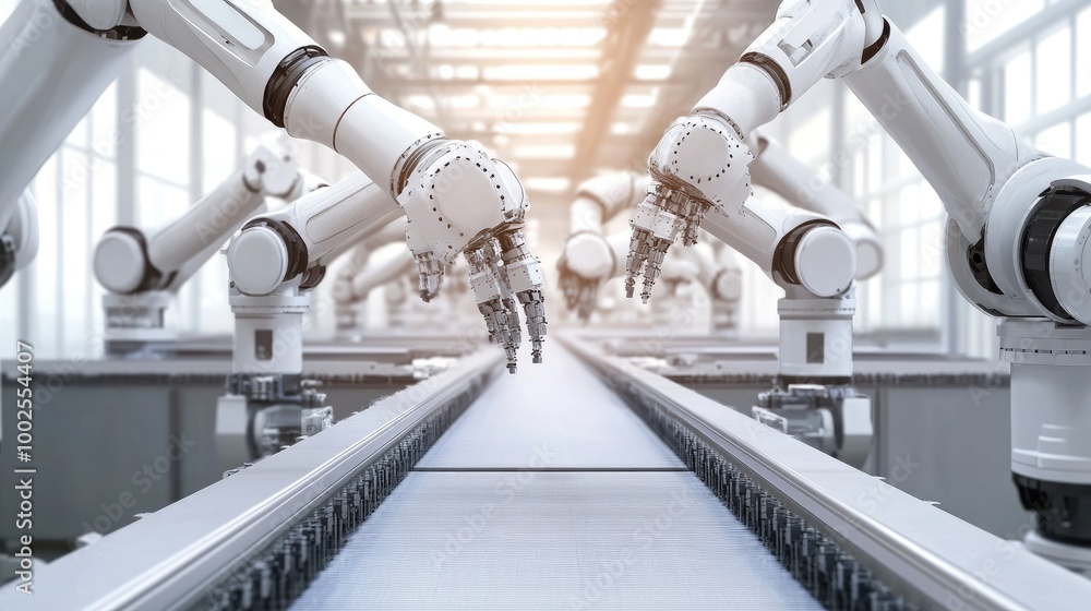 Poster a row of robotic arms assembling parts on an automated assembly line in a modern manufacturing facil