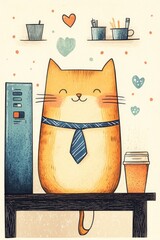 A cat wearing a tie sits on a desk next to a cup of coffee