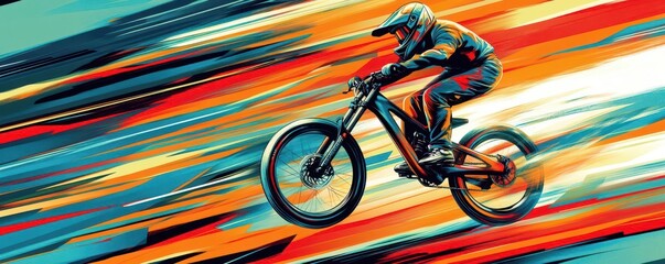 Mountain biker in action with vibrant motion background.