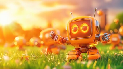 Cheerful robot in a sunlit field of grass