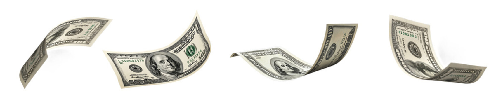 Realistic floating 100 dollar bills, money flying through the air, isolated on transparent background for business, finance, and economic projects.