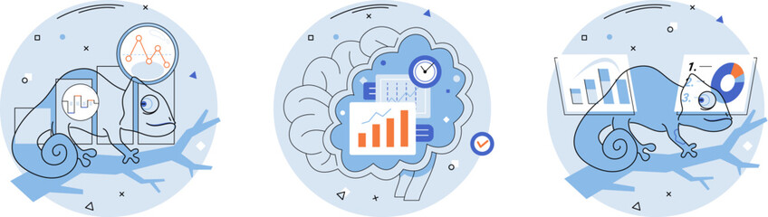 Adaptability. A chameleon and a brain surrounded by graphs highlight the flexibility in business, data analysis, and strategic decision-making. Ideal for business strategy, data integration