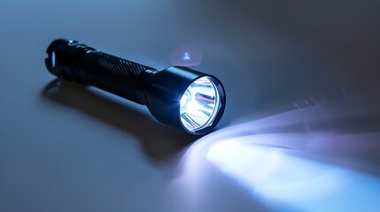 A police flashlight with a focused beam, resting on a white surface.