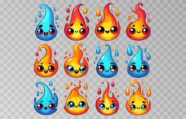 Set of fire cartoon character vector illustration on transparent png background.