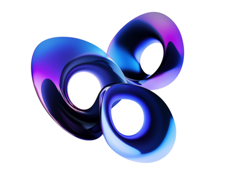Gradient dark abstract metallic loops transparent image. Sleek blue purple interlocking shapes isolated cutout 3d render. Futuristic aesthetic cut out clipart design element png