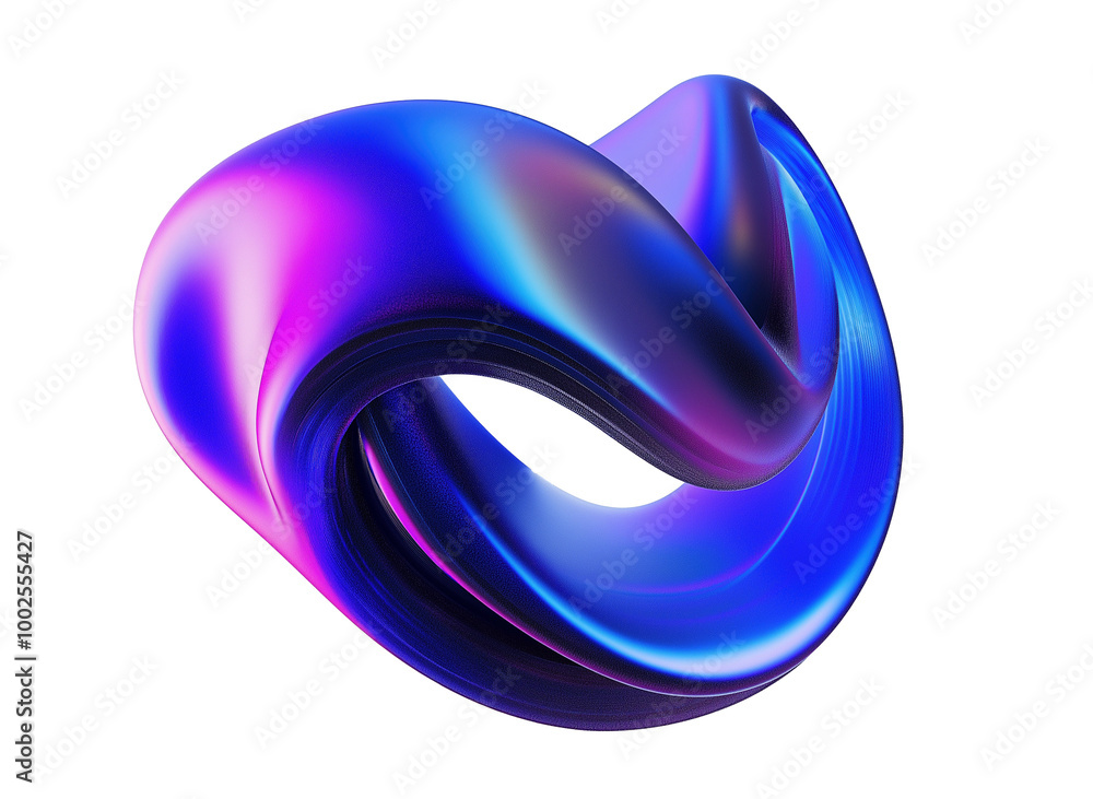 Poster twisting iridescent loop sculpture transparent image. dynamic fluid form in blue pink gradient isola