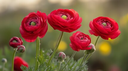 Obraz premium Vibrant red ranunculus flowers blooming in a garden during the warm afternoon sunlight, creating a stunning natural display