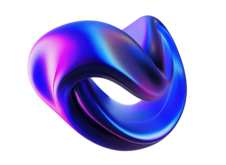 Twisting iridescent loop sculpture transparent image. Dynamic fluid form in blue pink gradient isolated cutout 3d render. Metallic smooth curves cut out clipart design element png