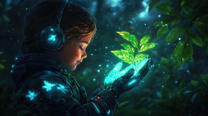 Futuristic child embracing nature: digital harmony in a sci-fi forest