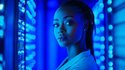 Black female cyber security analyst analysing AI cyberspace threats on computer in dark tech office data centre. Blue lighting. African american IT specialist ethical hacking, Blue glowing server room