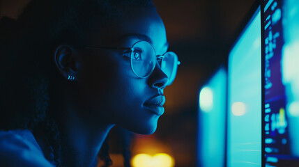 Black female cyber security analyst analysing AI cyberspace threats on computer in dark tech office data centre. Blue lighting. African american IT specialist ethical hacking, Blue glowing server room