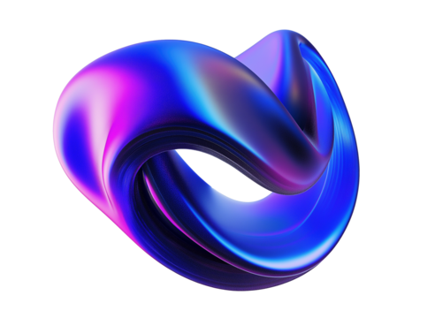 Twisting iridescent loop sculpture transparent image. Dynamic fluid form in blue pink gradient isolated cutout 3d render. Metallic smooth curves cut out clipart design element png