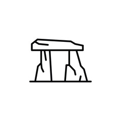 Ancient dolmen icon. Minimalist line art representation of a prehistoric stone structure, often associated with archaeological sites. Perfect for heritage-related projects. Vector illustration.