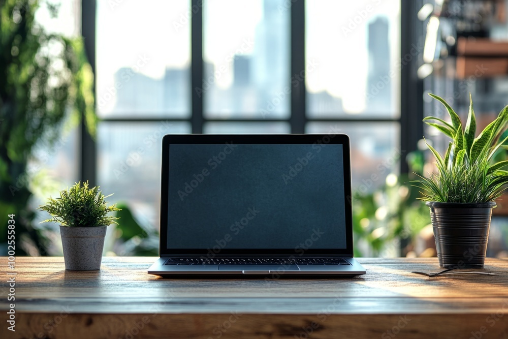Poster laptop computer is open on a desk in an office with the city in the background