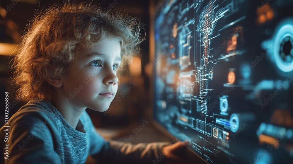 Poster young school student working with ai artificial intelligence and machine learning technology in an i