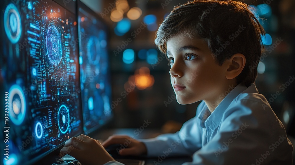 Poster young school student working with ai artificial intelligence and machine learning technology in an i