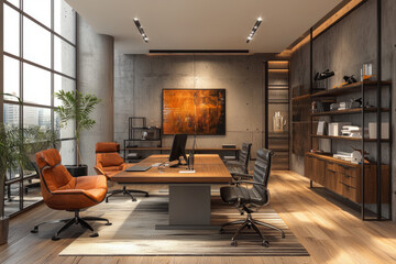 Modern office interior with desk and cityscape view