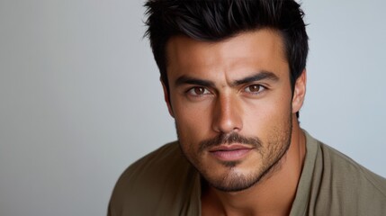 Fototapeta premium Close-up Portrait of a Serious Man with Dark Hair
