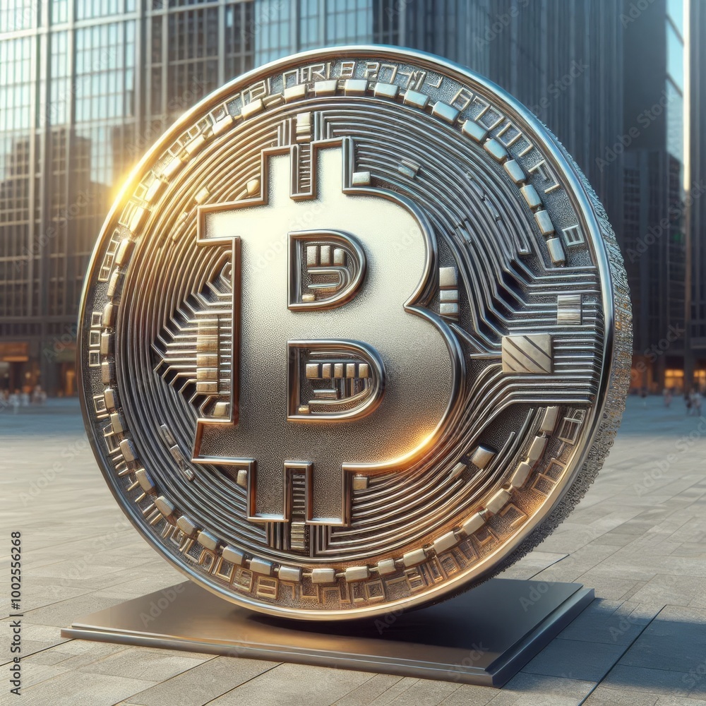 Poster a large, metallic bitcoin symbol is prominently displayed in an urban setting with skyscrapers in th