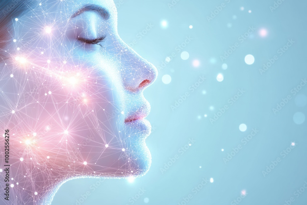 Poster an abstract composition features a profile illuminated with lines and dots mimicking skincare proced