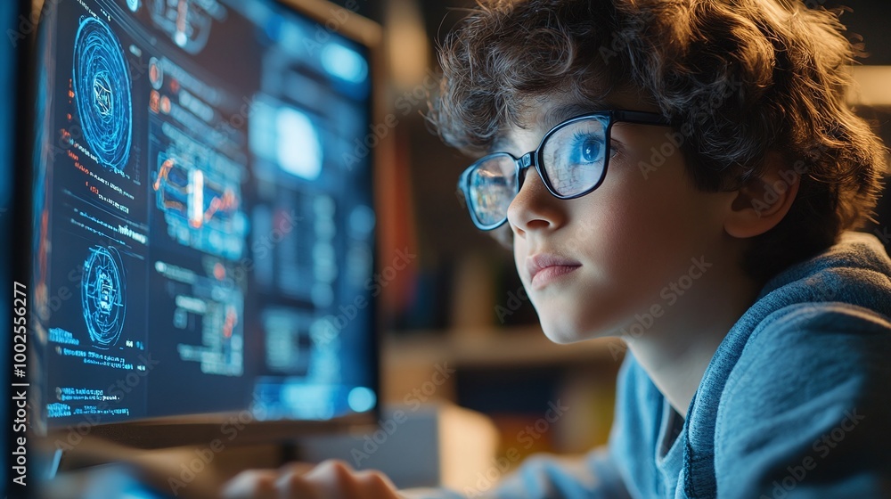 Poster young school student working with ai artificial intelligence and machine learning technology in an i
