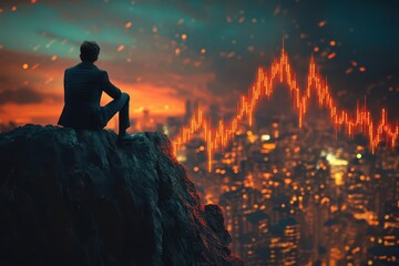 Obraz premium Person contemplating future in vibrant cityscape at sunset
