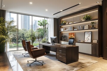 Fototapeta premium Modern office interior with desk and cityscape view