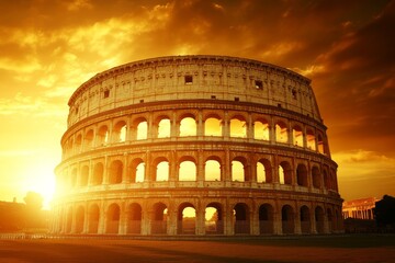 Naklejka premium Colosseum in Rome at Sunrise, Italy. Majestic Flavian Amphitheatre in Golden Morning Light