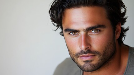 Naklejka premium Intense Male Gaze in Close-Up Shot with Dark Hair