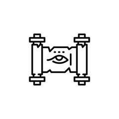 Ancient scroll with eye icon. Line art representation of a rolled parchment featuring an eye symbol, ideal for themes related to archaeology. Perfect for web, app, graphic design. Vector illustration