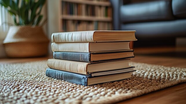 stack of books on a rug, illustrating the beauty of reading, literature collection, and study habits, perfect for cozy learning environments and knowledge seekers
