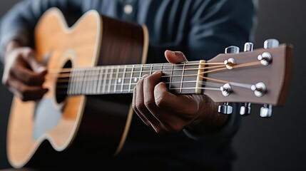 Obraz premium A musician strumming a guitar, fingers moving swiftly across the strings, Guitar strumming, musical hobby