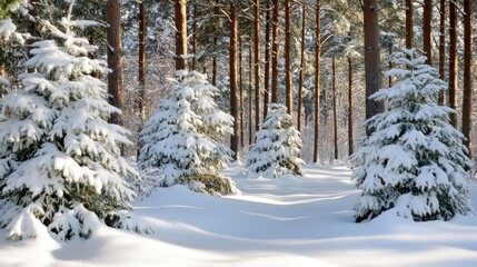 Fototapeta premium A snowy forest in winter, with tall evergreen trees dusted with snow and a soft blanket of white covering the ground.