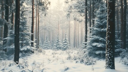 Fototapeta premium A snowy forest in winter, with tall evergreen trees dusted with snow and a soft blanket of white covering the ground.