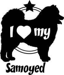 Fototapeta premium Samoyed dog silhouette, i love my dog, dog, dog breeds, logo, vector, monogram, silhouette, logo design, animal, illustration, icon, sign, design, black, wild, symbol, pet, nature,