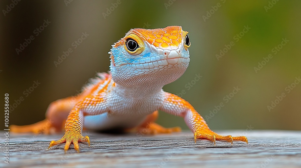 Wall mural macro shot of an agama lizard resting on a table capturing the intricate details of its scales and s
