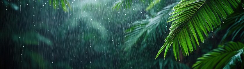 Rain falling on lush green palm leaves, nature's serene landscape.