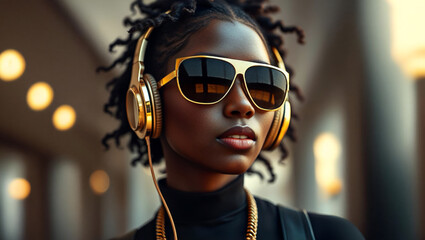 Modern african american woman with golden headphones and sunglasses, futuristic lifestyle concept, portrait photography