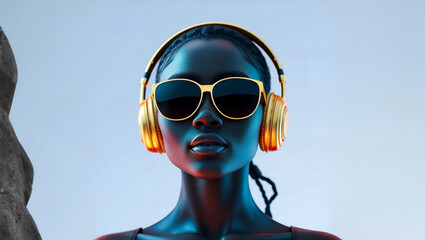 Modern african american woman with golden headphones and sunglasses, futuristic lifestyle concept, portrait photography
