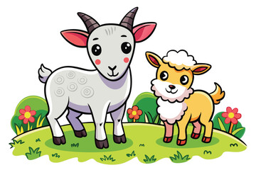 Cute cozy animal friends Goat kid and lamb frolicking in a meadow E.eps