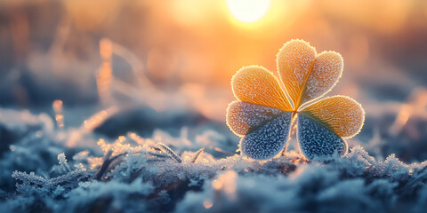 Frozen Clover in Snow at Sunrise