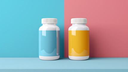 Two white pill bottles with blue and yellow labels,  sitting on a blue surface against a blue and pink background.