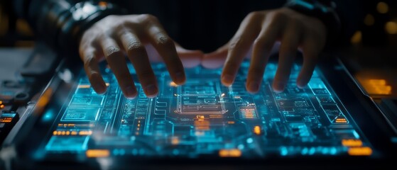 Obraz premium A close-up of hands interacting with a high-tech digital interface, showcasing intricate circuitry and glowing elements in a futuristic setting