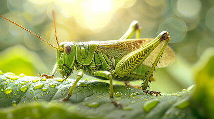 The female grasshopper is perched on a vibrant green leaf, adorned with droplets of dew, enjoying the bright summer sunlight