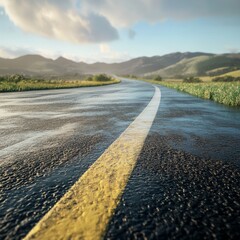 Wet Asphalt Road with Yellow Lane Line and Green Landscape Background
