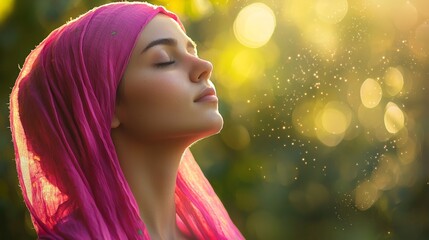 Fototapeta premium Young cancer survivor in a pink headscarf, eyes closed, feeling the sun’s warmth, symbolizing peace, renewal, and hope in nature.